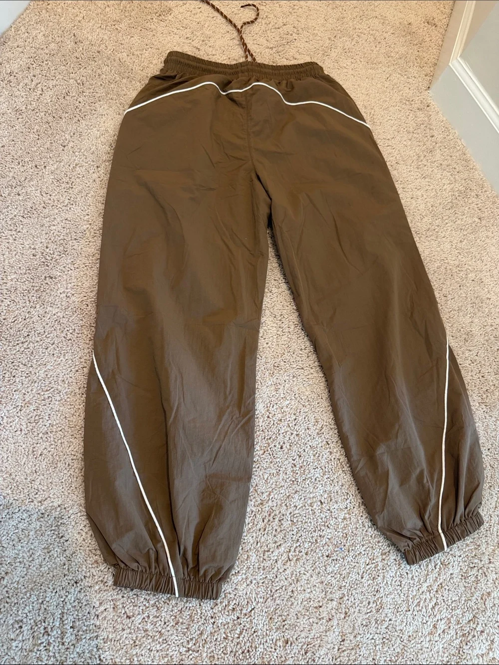 Women’s Brown Elastic-Waist Track Pants with Reflective Piping